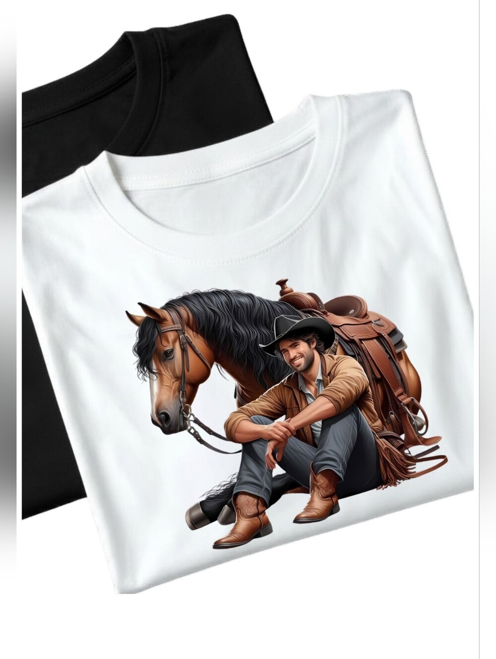 Luxury Western Cowboy & Horse Graphic Tee - Size L